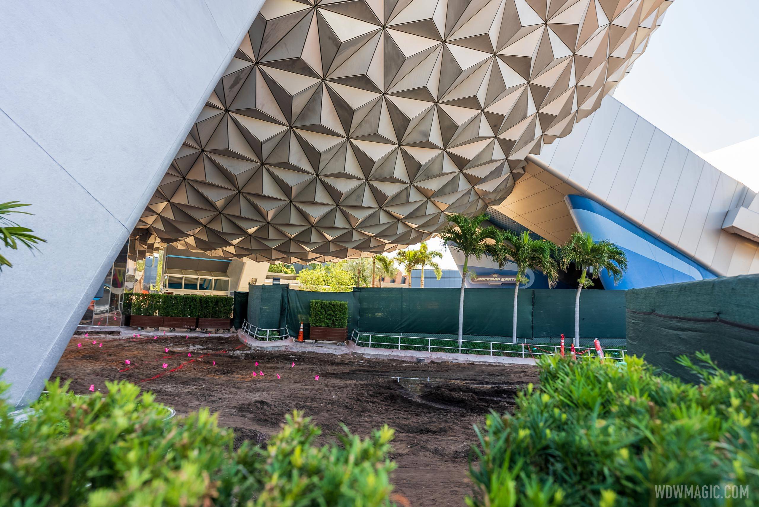 A look at the concrete work underway beneath Spaceship Earth alongside 'Pin Traders and Camera Center'