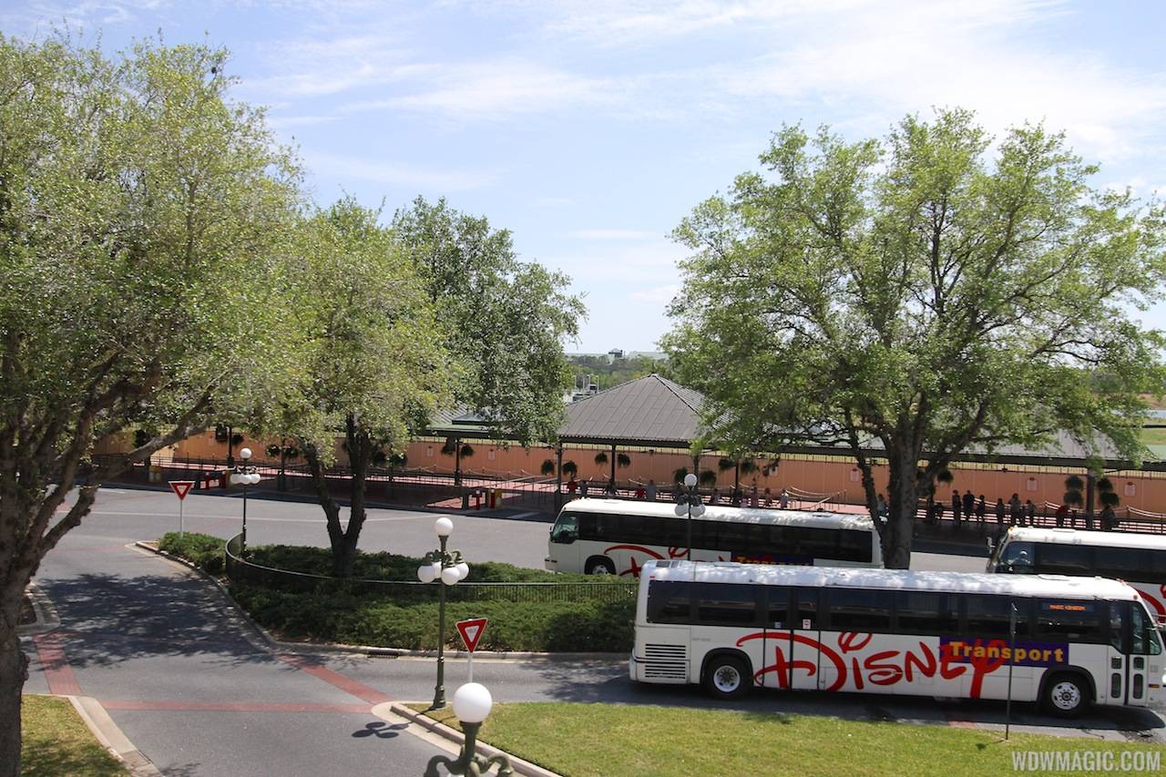 Magic Kingdom bus stop expansion - construction walls in place