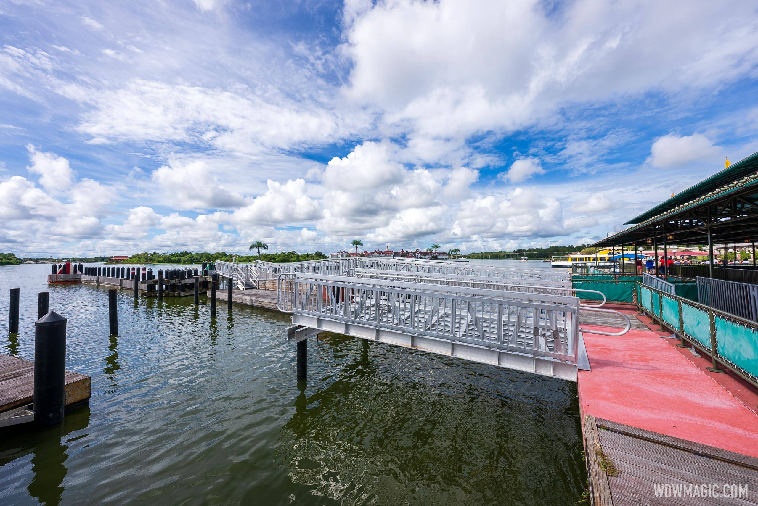 Gangway installation underway at the Magic Kingdom ferry boat dock for second level access