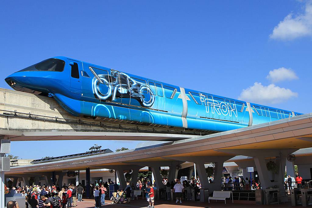 The left front side of Monorail TRON entering Epcot