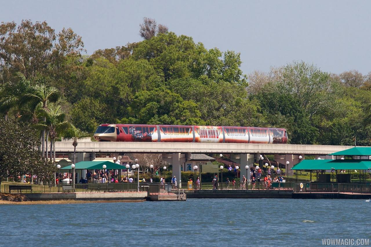 Iron Man 3 wrapped Monorail Black on the Express beam heading into the Magic Kingdom station