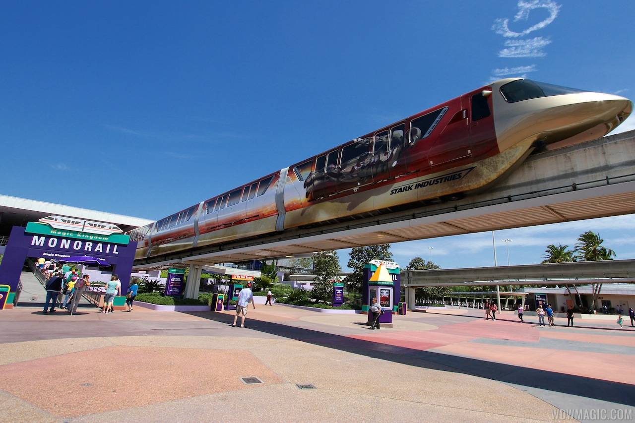 Iron Man 3 wrapped Monorail Black entering the TTC Station on the Express beam