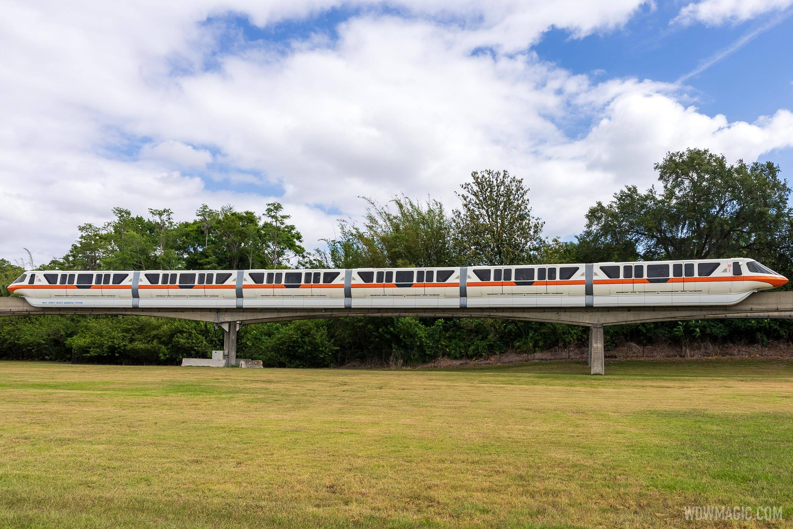 Monorail Orange on the approach into the Magic Kingdom station