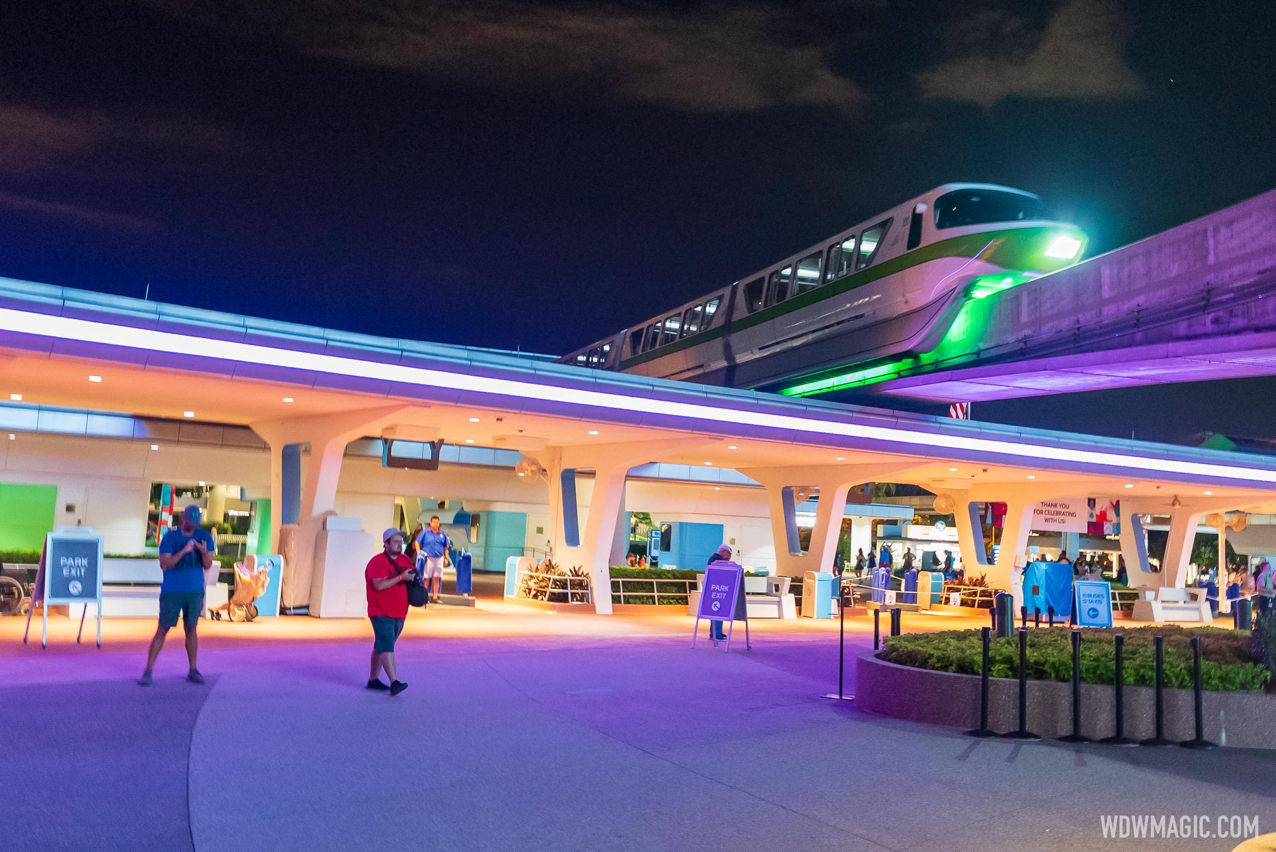 Glowing lights on Walt Disney World monorails