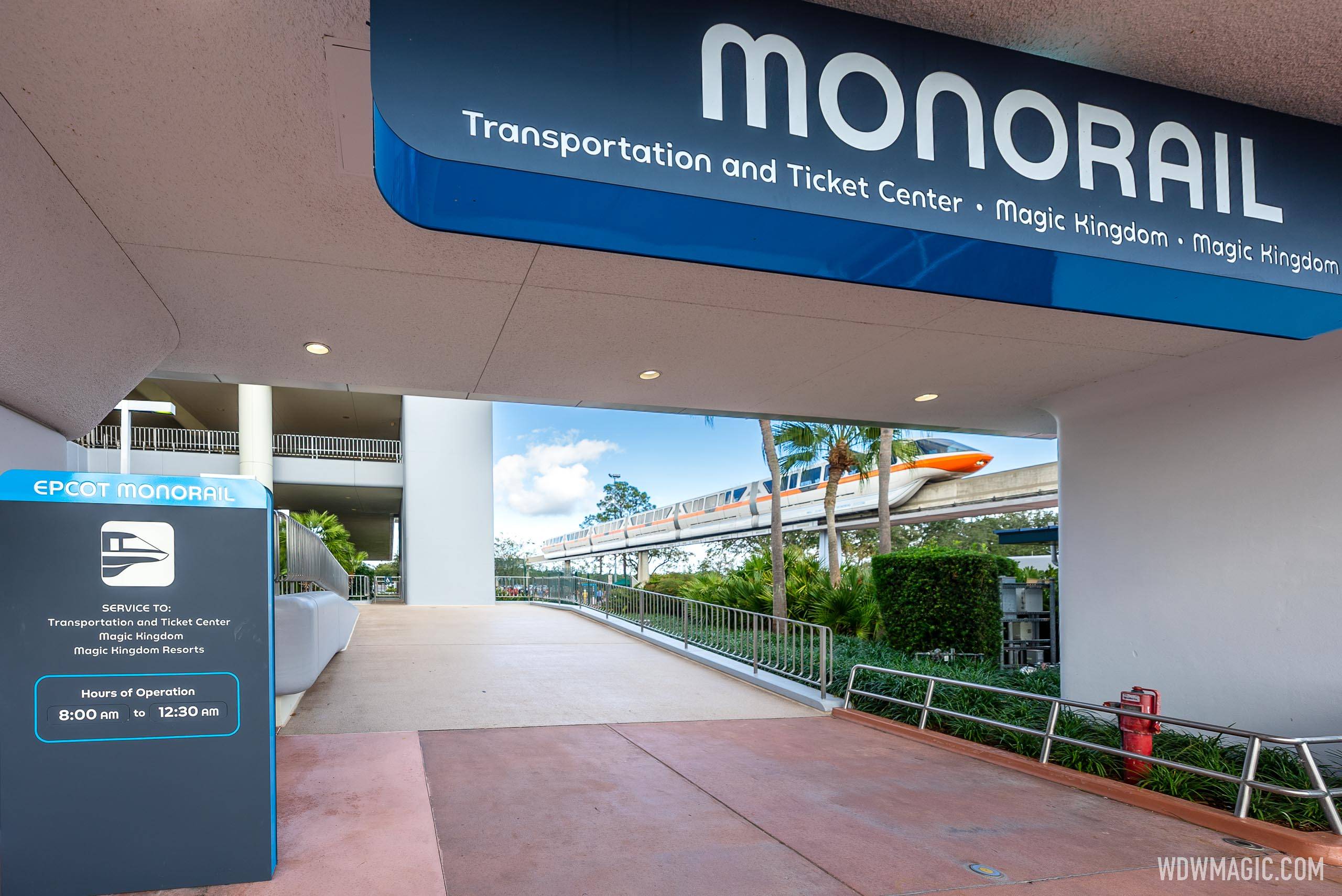 Monorail operating hours signage at EPCOT monorail station