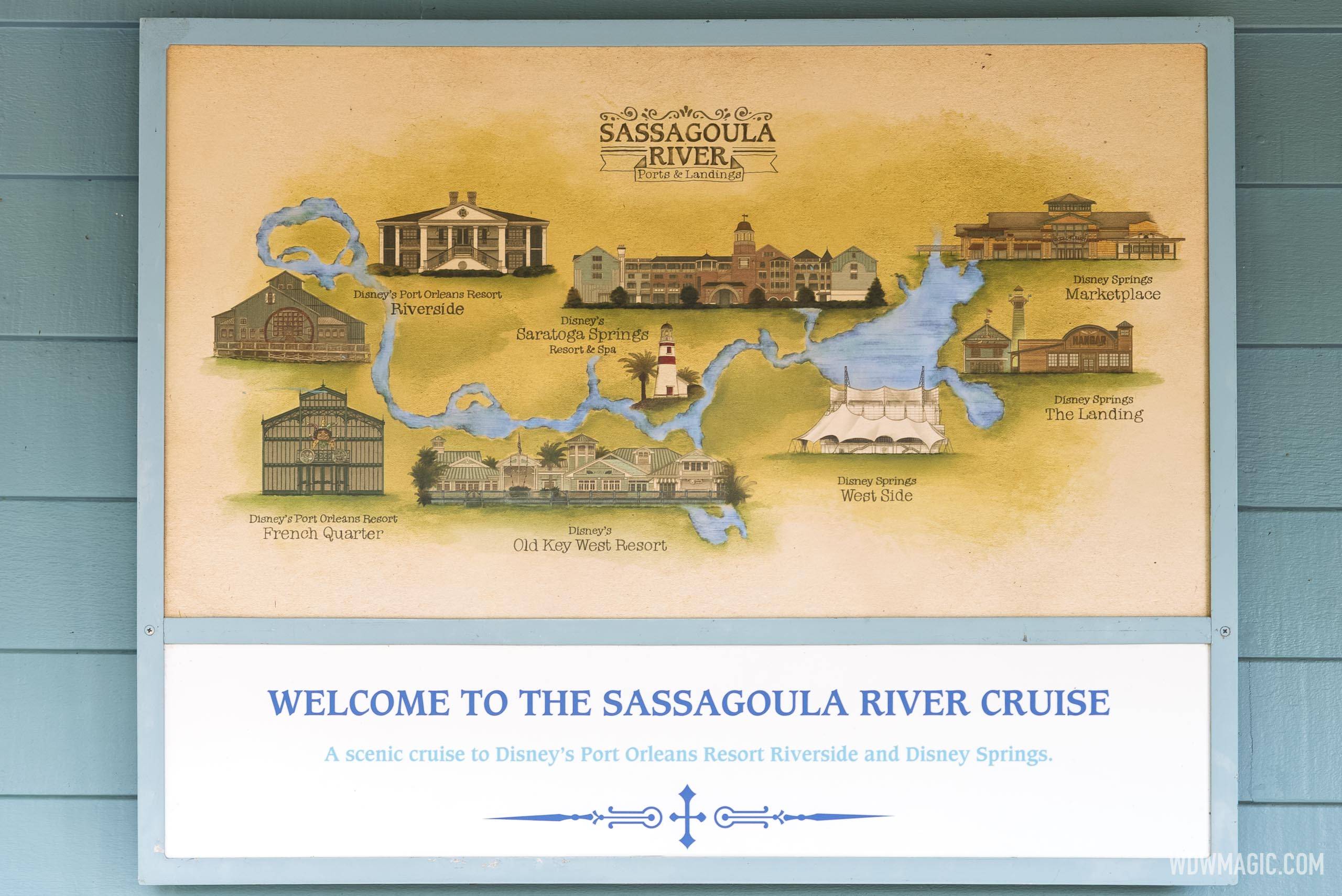 Painted Sassagoula River Cruise route map connecting Disney resorts with Disney Springs