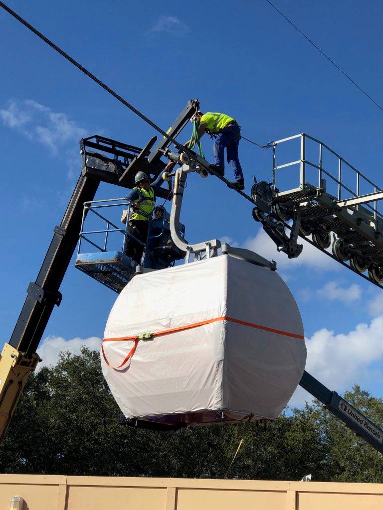 Disney Skyliner gondola installation at Epcot's International Gateway