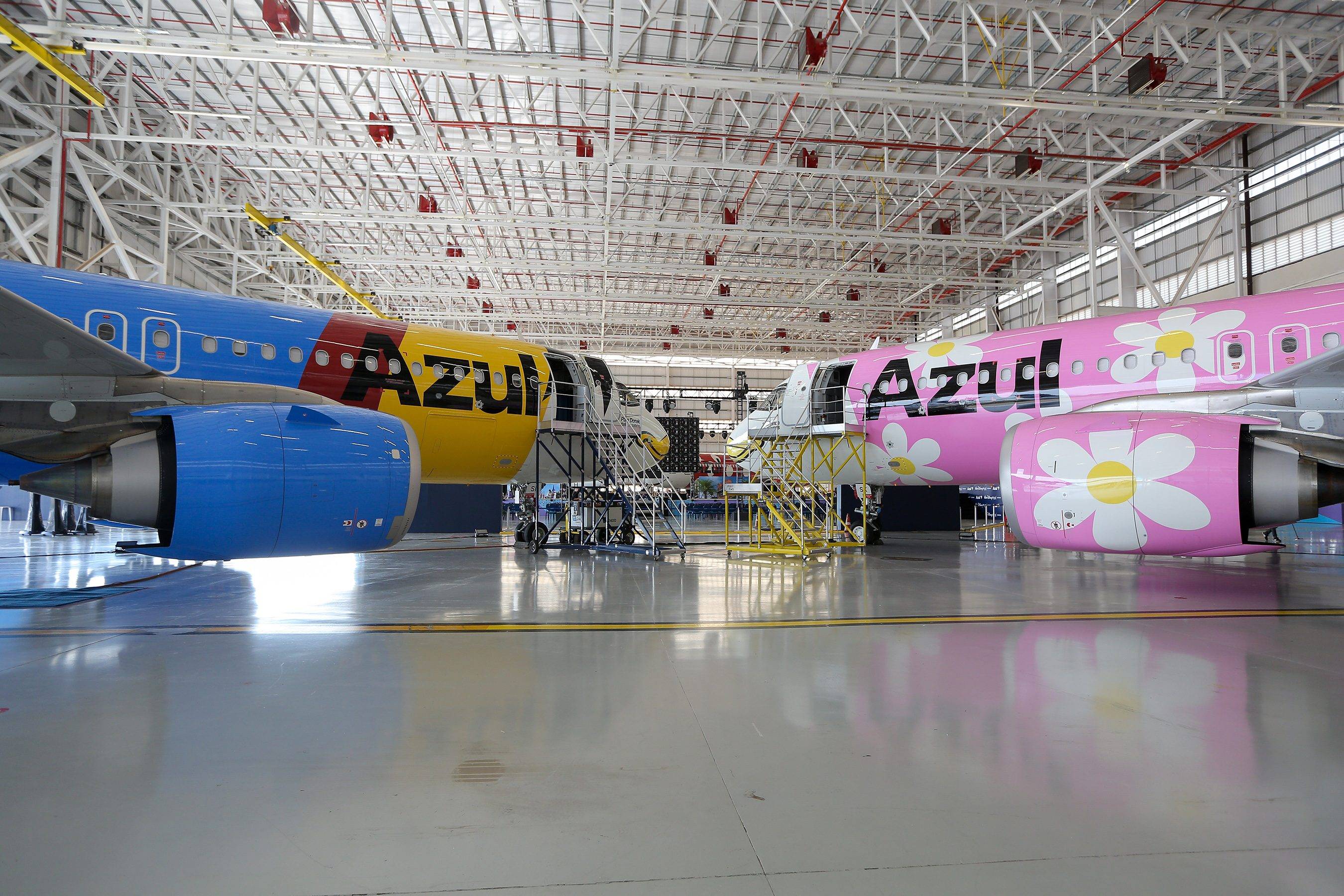 Donald Duck and Daisy Duck inspired airplanes meet for the first time at Azul Airlines hangar in Campinas, Brazil