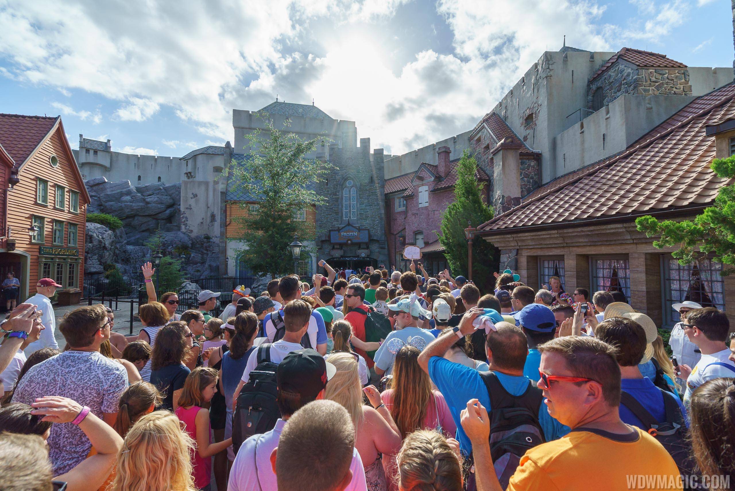 Long line at the opening of Frozen Ever After in Epcot